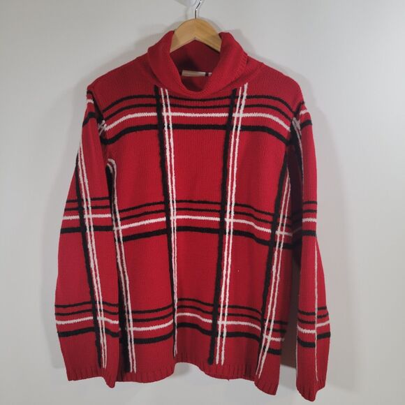 LIZ CLAIBORNE Red Knit Windowpane Plaid Sweater Size L Cotton Blend Turtleneck - Picture 7 of 8